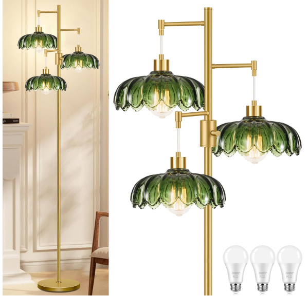 3-Light Dimmable Floor Lamp Green Glass Shades Gold Finish