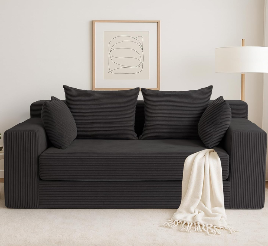 3-in-1 Convertible Sofa Bed Black Corduroy With Four Pillows